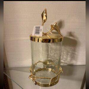 Gold Leaf Glass Canister Jar w Lid Hammered Glass Hollywood Regency Decor